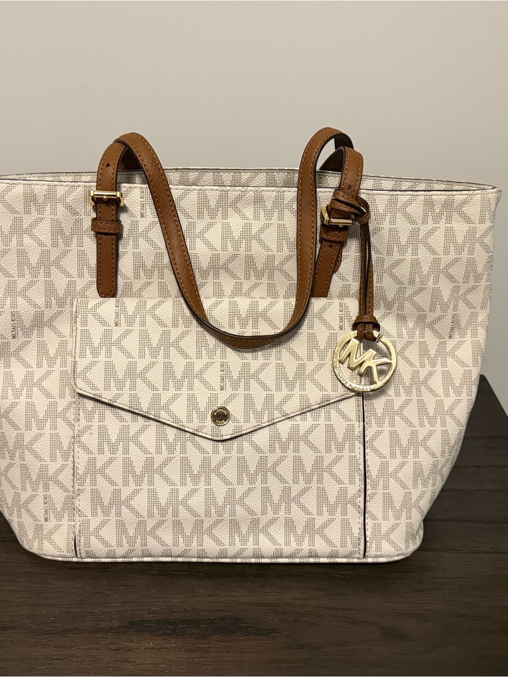 Michael Kors Cream Logo Tote with Brown Leather Handles